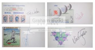 Four First Day Covers signed by Open Championship winning golfers, Tom Watson, Sandy Lyle,
