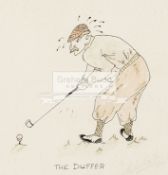 A group of five golf pictures, i) an modern oil on board painted in an older style signed H.