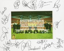 Framed photographic presentation signed by the Manchester United 1998-99 Treble Winning team,