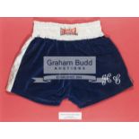 Fight worn and signed Henry Cooper boxing trunks believed to have been from the Boston Jacobs fight