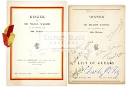 A rare autographed List of Guests for Pelham Warner's 80th Birthday celebrations held at the Long