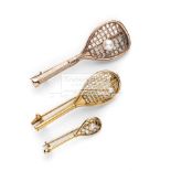 Three Victorian 9ct gold Tennis Racquet Brooches, circa 1890-1900,