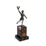 Bronze statuette of a classical Olympic athlete, holding laurel aloft in victory, verdigris patina,