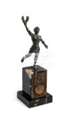 Bronze statuette of a classical Olympic athlete, holding laurel aloft in victory, verdigris patina,