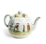 A rare and decorative Edwardian soft paste porcelain teapot decorated with golfing scenes,