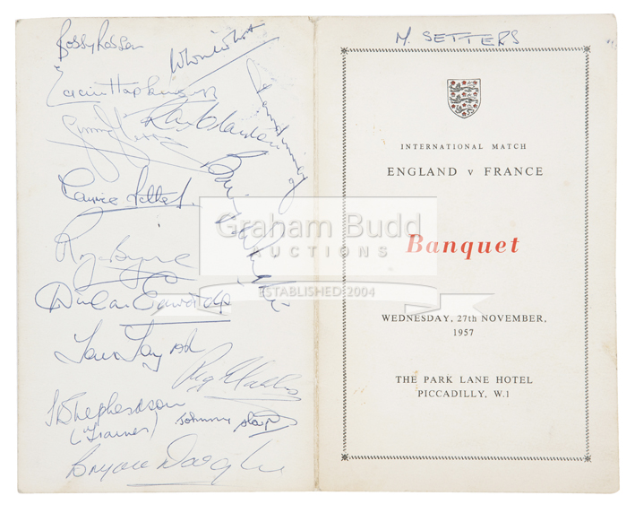 A rare autographed International Match England v France Banquet 27th November 1957,