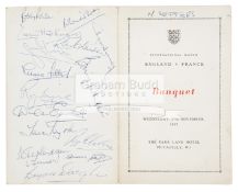 A rare autographed International Match England v France Banquet 27th November 1957,