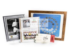 A collection of football memorabilia, including a Geoff Hurst signed b&w photographic print,