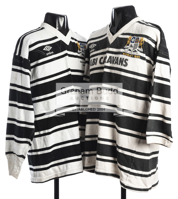 Two Hull FC Rugby League Challenge Cup Final shirts, a black & white hooped No.