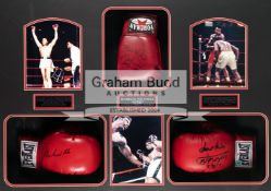 Muhammad Ali, Joe Frazier & George Foreman signed gloves framed presentation,