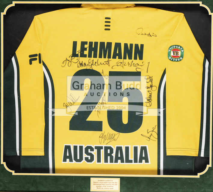 Team-signed Darren Lehmann Australia match-worn ODI shirt from the 2004-05 home season, the gold No.