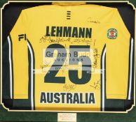 Team-signed Darren Lehmann Australia match-worn ODI shirt from the 2004-05 home season, the gold No.