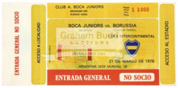 A scarce 1977 Intercontinental Cup Boca Juniors v Borussia Monchengladbach unused match ticket,