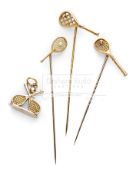 Three Victorian 9ct gold tennis racquet tie-pins, circa 1890-1900,