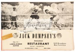 A large Jack Dempsey's restaurant menu autographed by Joe Frazier, Jack Dempsey and Jimmy Ellis,