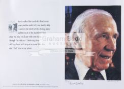 A signed print of Matt Busby by Harold Riley, dated 1991,