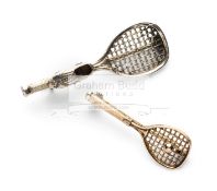 Two Tennis Racquet Brooches, comprising a small 9ct gold tennis racquet and ball brooch,