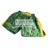 Tyson Fury signed boxing trunks, green & gold Headblade, inscribed TYSON FURY,