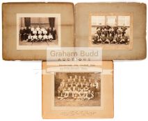 A group of five mounted photographs of football teams in the Peterborough area in the Edwardian era,