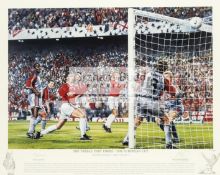 A trio of Manchester United "The Treble" Peter Cornwell limited edition prints,