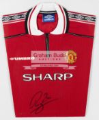 Roy Keane signed Manchester United 1998-99 Treble Winning season replica home jersey,