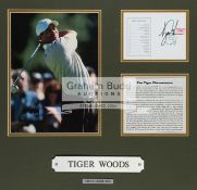 Tiger Woods signed Augusta scorecard photographic display,