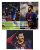 Signed photographs of Barcelona's Lionel Messi, Luis Suarez & Neymar,