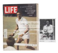 A signed b&w promotional photograph of Arthur Ashe,