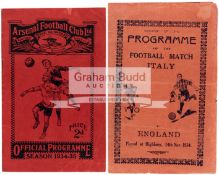 Two England v Italy 'Battle of Highbury' programmes played at Arsenal FC 14th November 1934,