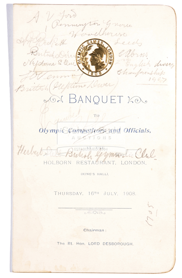 Autographed London 1908 Olympic Games menu for a Banquet to Competitors and Officials, - Image 2 of 2