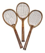 Three tennis racquets circa 1910, a convex wedge Pennant Marvel, a convex wedge Slazenger La Belle,