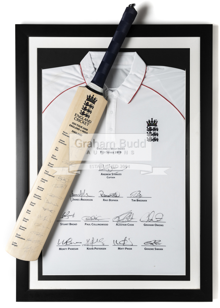 A white England cricket shirt signed by the 2009 touring team to the West Indies,