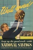 A Vintage 1951 poster for Post Office Savings Bank, the artwork featuring a goalkeeper saving,