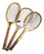 An English Fan Tail tennis racquet, with convex wedge and original stringing,