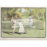A pair of humorous colour prints of mixed doubles matches at a tennis party by Guy Lipscombe