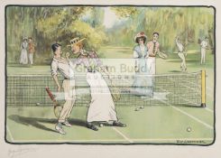 A pair of humorous colour prints of mixed doubles matches at a tennis party by Guy Lipscombe