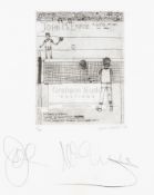 An autographed etching featuring John McEnroe playing tennis, by Sarah Godsill,