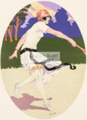 A pochoir [stencil] artwork of a lady tennis player by Georges Grellet (French,