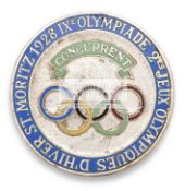 St Moritz 1928 Winter Olympic Games participant's badge, silvered & enameled,