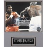 Two Evander Holyfield signed photographic presentations, both with colour 8 x 10 in.