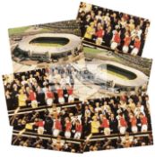 Nine signed Wembley Stadium souvenir postcards, comprising 3 x Bobby Moore, 3 x Alan Ball,