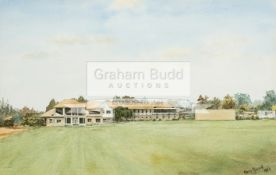An original watercolour of Nairobi Cricket Pavilion and ground by Mary Russell, signed & dated 1974,