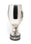 UEFA Super Cup Competition replica trophy, circa pre 2006 the silver-plated ovoid cup,