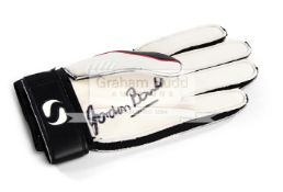 Gordon Banks signed goalkeeping glove, a black & white Sondico,