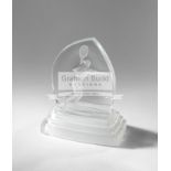 A glass Tennis trophy, 20th century, the shaped trophy with acid etched figure of a tennis player,