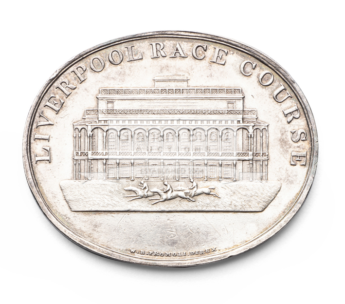 A silver pass for the grandstand at Liverpool racecourse circa 1840, oval, view of the grandstand,
