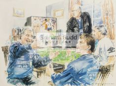 Watercolour by Sian Frances (contemporary) portraying Terry Venables and his England coaching team