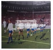 Signed Manchester United 1968 European Cup Winners full colourised canvas, 8 signatures,