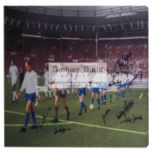 Signed Manchester United 1968 European Cup Winners full colourised canvas, 8 signatures,