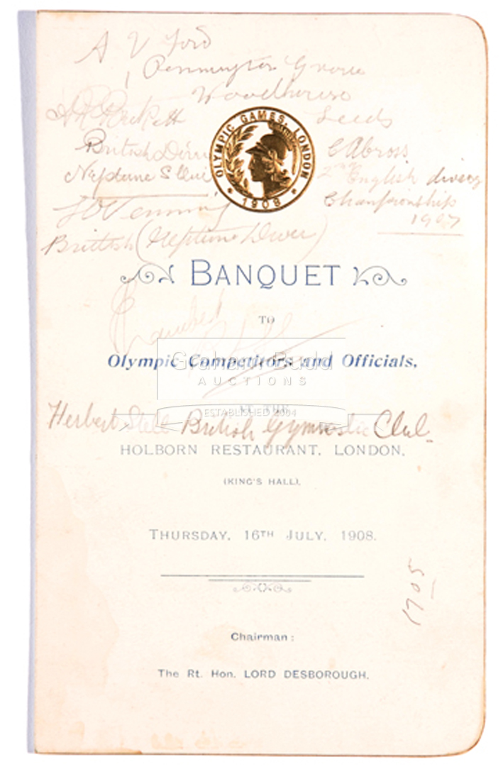 Autographed London 1908 Olympic Games menu for a Banquet to Competitors and Officials,